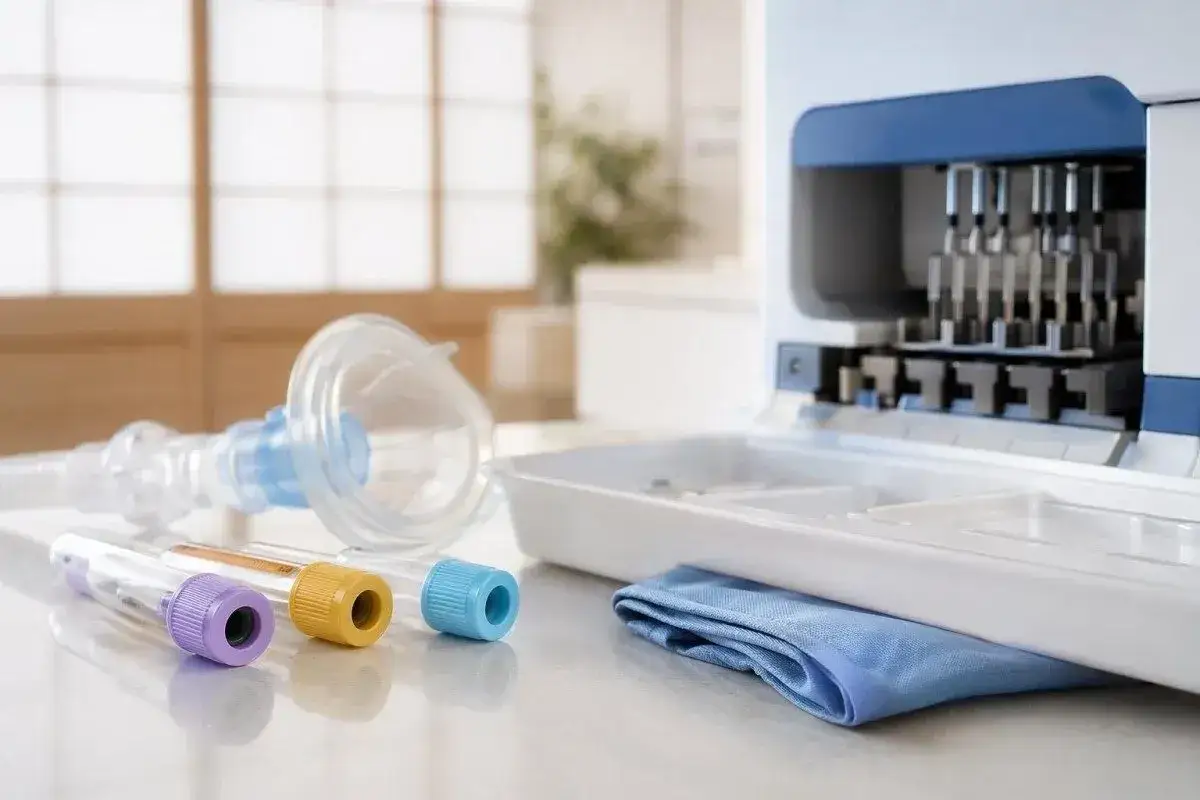 Medicinsk utrustning f&ouml;r provtagning och analys, inklusive provr&ouml;r och en nebulisator, redo f&ouml;r att m&auml;ta niv&aring;er av litium medicin.