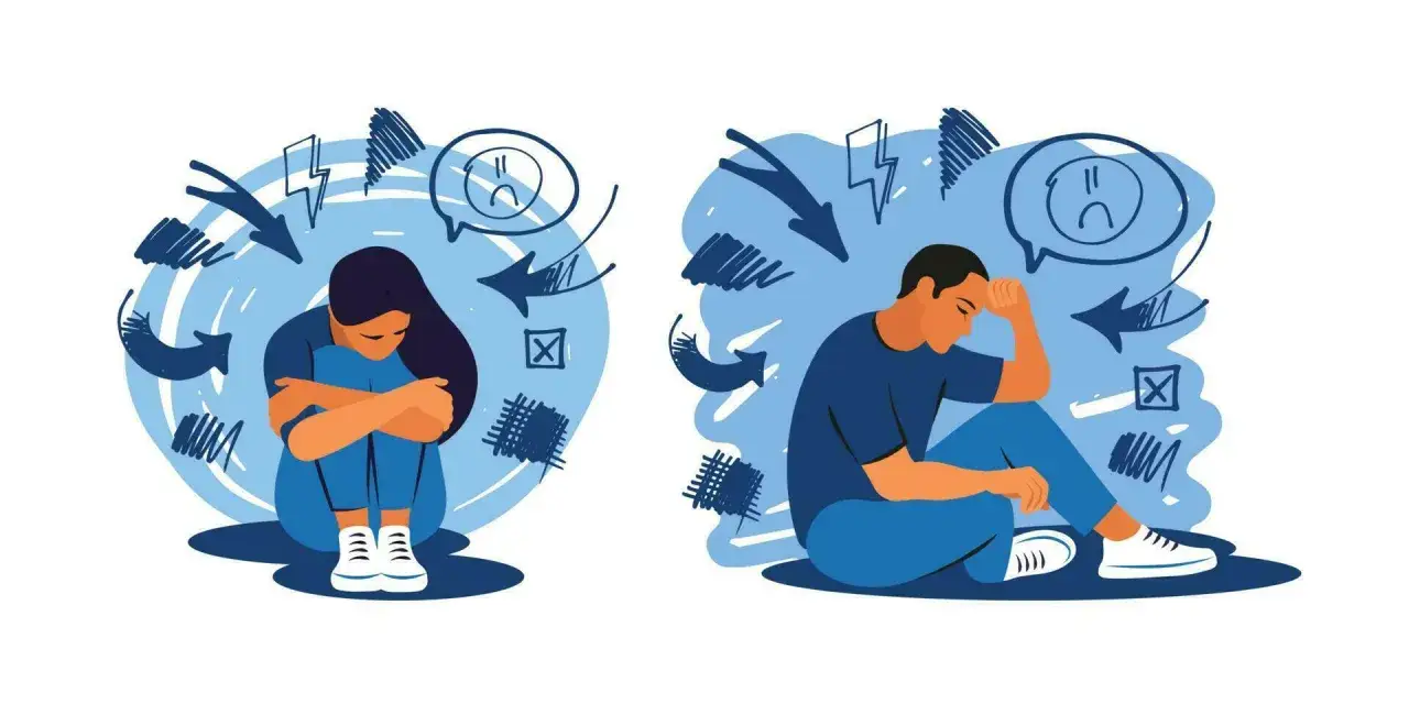 En kvinna och en man sitter hopkrupna, omgivna av pilar och symboler som representerar stress och &aring;ngest.